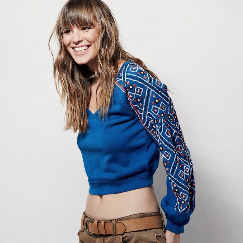 Free People Señorita Embroidered Crop Pullover Blue XS Boho Balloon Sleeve